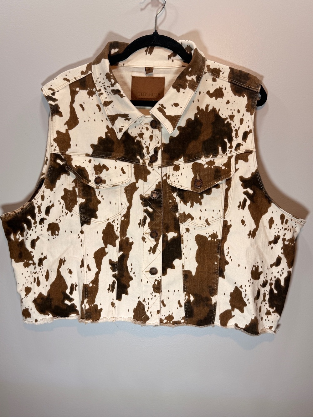 Judy Blue Brown & White Cow-Print Denim Vest